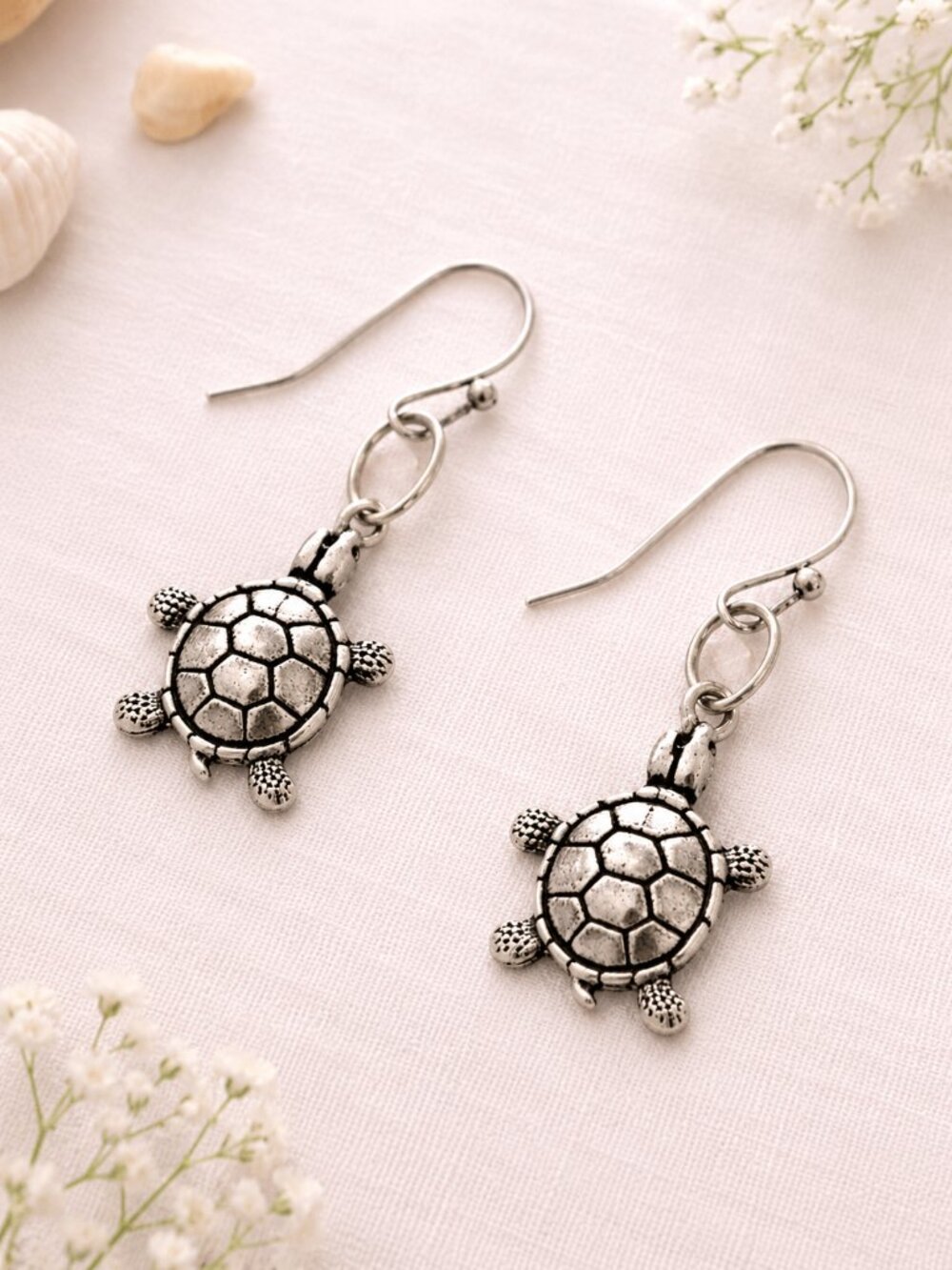 Antiqued Silver Sea Turtle Dangle Earrings Coastal Beach